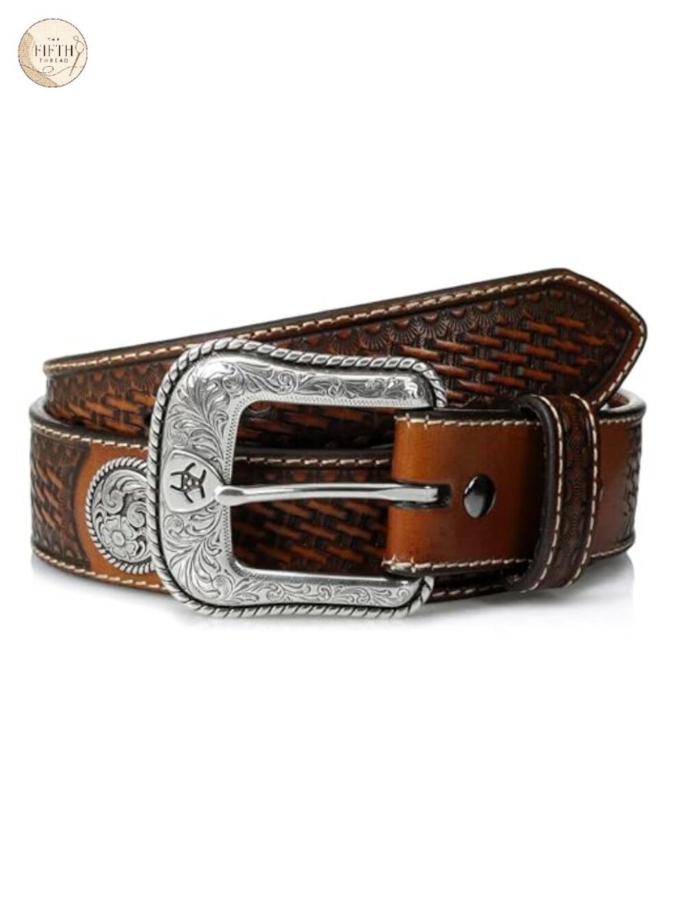 Men's Western Leather Belt Basketweave Stamp Floral Conchos Removable Buckle